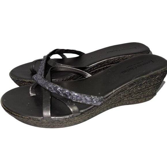 Lorenzo Chelini Wedge Glitter Sandal Thong Grey Women's Size 9 - Picture 2 of 6